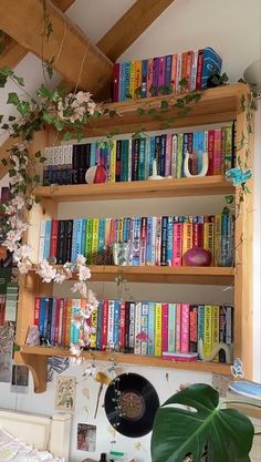 a bookshelf filled with lots of colorful books next to a plant on top of a bed