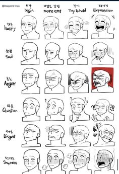 an image of different facial expressions for the character's face and head, with text below