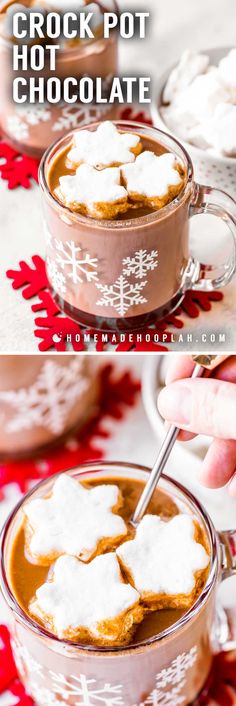 there is a cup of hot chocolate with marshmallows in it and the text overlay reads crock pot chocolate