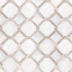 a close up view of a white and beige mosaic tile wallpaper with hexagonal design