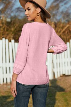 Pink V Neck 3/4 Sleeve Swiss Dot Casual Shirt Spring Tops With Roll-up 3/4 Sleeves, Pink Half Sleeve Blouse For Fall, Striped Short Sleeve Shirt, Casual Shirt Women, Roll Up Sleeves, Swiss Dot, High Rise Denim, Club Dresses, Casual Shirt