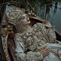 a woman in a white dress sitting on top of a boat with her head down