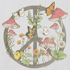 a peace sign surrounded by butterflies and flowers