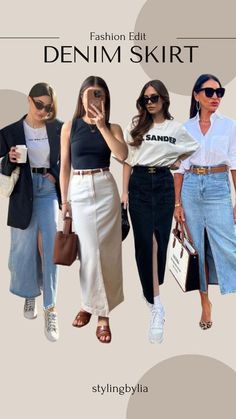 Classic Denim Outfits, Denim Skirt And Shirt Outfit, Denim Skirt Outfit Work, Outfit Ideas Denim Skirt, Gonna Jeans Outfit, Classy Denim Outfits For Women, Denim Skirt Work Outfit, Starting Minimalism, Styling Denim Skirt