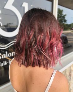 Short Hair With Pink Ends, Rose Gold Underneath Hair Brunette, Pink Hair In Brown Hair, Pink Hair Color Ideas For Brunettes Short Hair, Short Pink Highlighted Hair, Short Brown Hair Pink Highlights, Light Brown Hair With Colored Highlights Fun, Shirt Hair With Highlights, Short Hair Pink Color