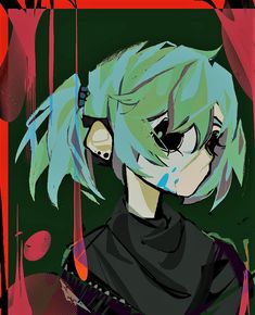 an anime character with green hair and blue eyes holding a red toothbrush in front of her face