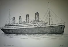 a drawing of a large ship in the water