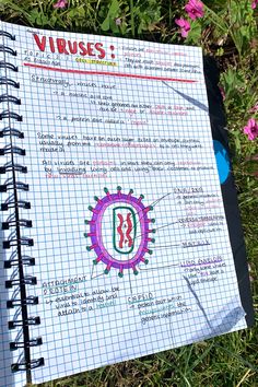 a notebook with the words virules written on it laying in the grass next to pink flowers