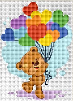 a cross stitch pattern with a teddy bear holding balloons