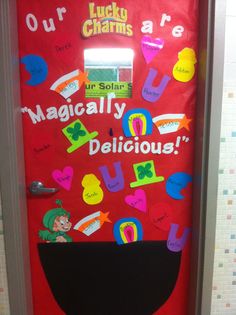 the door to lucky charms is decorated with magnets