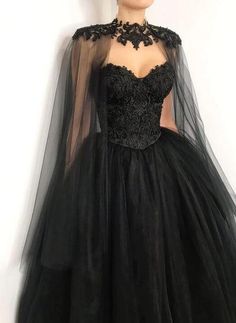 Corset Lace Wedding Dress, Alternative Bride Dress, Black Tulle Wedding Dress, Wedding Dress With Cape, Black Bridal Dresses, Black Wedding Gowns, Dress With Cape, Cape Wedding Dress, Bridal Ball Gown