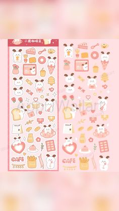 the sticker sheet is pink and has various items on it, including an assortment of food