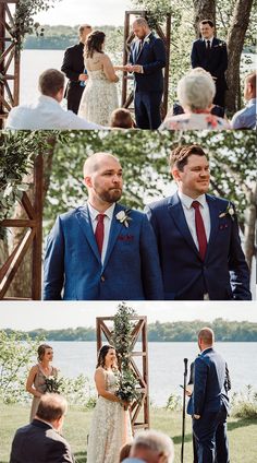 a couple getting married in front of the water at their outdoor wedding ceremony, and then they are exchanging vows to each other