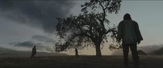 two people standing in front of a tree under a cloudy sky