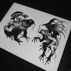 two black and white drawings of animals on paper