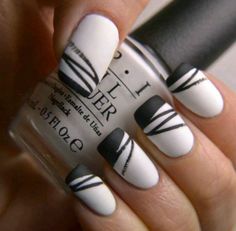 Black Designs On Nails, Black And White Nail, White Gel Nails, Nail Art Stripes, Geometric Nail Art, Geometric Nail, Her Nails, Striped Nails, White Nail Designs