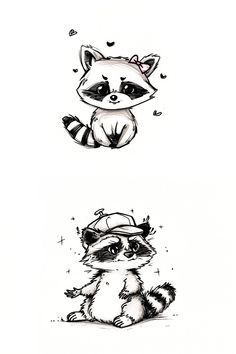 two drawings of raccoons sitting next to each other