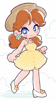 a drawing of a girl with red hair and blue eyes, wearing a yellow dress