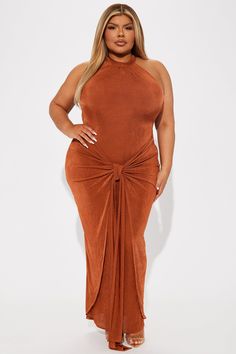 Available In Purple And Rust. Maxi Dress High Neck Hidden Back Zipper Knot Detail Stretch Self: 95% Polyester 5% Spandex Imported | Lisa Knot Maxi Dress in Rust size 2X by Fashion Nova Rust Knit Dress, Stretch V-neck Maxi Dress With Ruched Back, Knot Maxi Dress, Search By Photo, Mark Price, Rust Dress, Summer Collection, Fashion Nova, High Neck