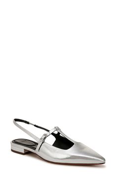 An adjustable T-strap creates modern intrigue on a slingback leather flat fashioned with a pointy toe for poised sophistication. 1" heel (size 8.5) Elasticized slingback strap; adjustable strap with buckle closure Cushioned footbed Leather upper, lining and sole Imported Slingback Pumps With Single Toe Strap For Evening, Elegant Flat Slingback Pumps With Removable Insole, Pointed Toe Slingback Sandals With Leather Sole For Party, Party Slingback Sandals With Pointed Toe And Leather Sole, Elegant Flat Slingback Pumps With Heel Strap, Elegant Pointed Toe Flats With Buckle Closure For Evening, Elegant Evening Pointed Toe Flats With Buckle Closure, Flat Slingback Pumps With Buckle For Party, Flat Slingback Pumps With Buckle Closure For Party