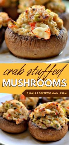 some stuffed mushrooms are on a plate with the words, quick and creamy crab stuffed mushrooms