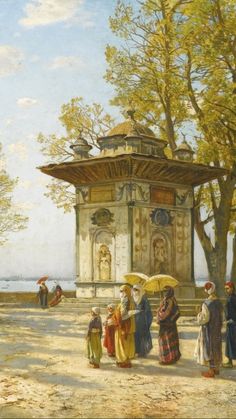 a painting of people standing in front of a gazebo