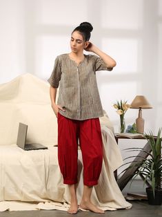 "Featuring a block printed short top / shirt paired with solid boho pants with elasticated waist band. Perfect set for lounging about at home and for work meetings. Also works great for heading out during the day for shopping or lunch. You can purchase just the top without the pants at this link - https://www.etsy.com/listing/838634635/striped-womens-top-cotton-blouse-womens PRODUCT DETAILS - Fabric- Pure Cotton - Hand wash separately in cold water SIZING Our sizing is in inches. Please refer to Marriage Dresses, Block Print Top, Nightwear Dress, Cotton Saree Blouse Designs, Cotton Loungewear, Work Meetings, Olive Shirt, Striped Tops Women, Lehenga Gown