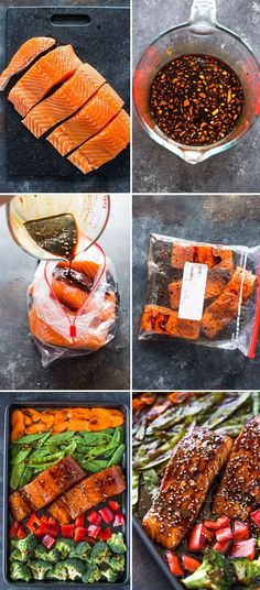 the process shots show how to cook salmon and vegetables