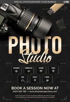 a black and gold photo studio flyer with an image of a photographer's camera