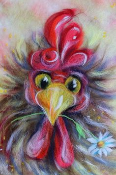 a painting of a rooster with feathers and flowers on it's head is shown