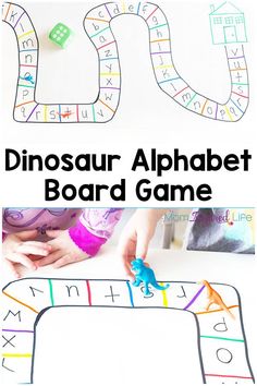 the dinosaur alphabet board game is an easy way to practice letters and numbers for kids