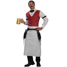 a man wearing an apron and holding a beer mug in his right hand, with a moustache on his left shoulder