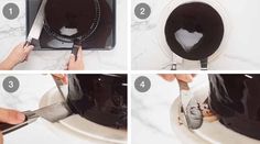 instructions for how to clean a coffee pot with a spatula and saucer on the bottom