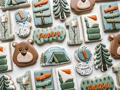 decorated cookies are arranged in the shape of tents, trees, and camping related items