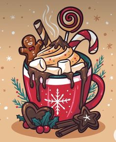 a hot chocolate drink with marshmallows and candy canes