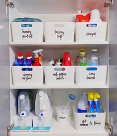 the shelves are filled with different types of cleaning products