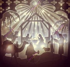 a nativity scene with the birth of jesus and three wise men in silhouettes