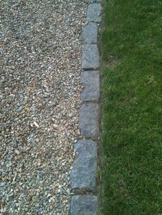 a dog is standing in the grass next to a stone path that has been laid on it's side