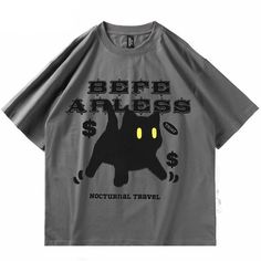 Dimensions: Relaxed Fit Cat Design Tops For Streetwear, Relaxed Fit Tops With Cat Design For Streetwear, Black Relaxed Fit Tops With Cat Design, Black Relaxed Fit Top With Cat Design, Trendy Cat Design T-shirt For Streetwear, Trendy Streetwear T-shirt With Cat Design, Black Relaxed Fit T-shirt With Cat Print, Funny Black T-shirt With Cat Design, Black Cat Print T-shirt For Streetwear