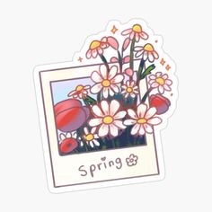 a sticker that says spring with flowers and ladybugs