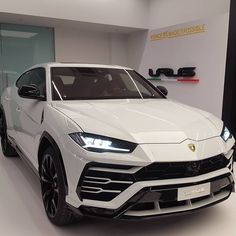 a white lamb suv is parked in a showroom