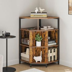 the corner shelf is made out of wood and has bookshelves on each side