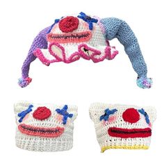 three crocheted items are shown in the shape of clowns, including a hat and pillow