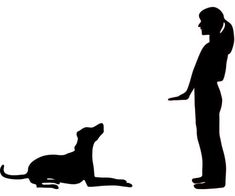 a woman standing next to a dog on a white background