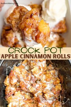 crock pot apple cinnamon rolls with ice cream on top and in the background, there is an image of apples being eaten