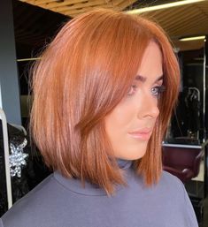 Bright Blunt Bob with Long Side Bangs Red Hair Bob Cut, Bob With Long Side Bangs, Perfect Middle Part, Red Bob Haircut, Short Copper Hair, Red Bob Hair, Shadow Roots, Bobbed Hairstyles With Fringe