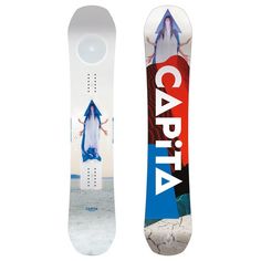 a white snowboard with blue and red lettering on the bottom, and an image of a woman standing behind it