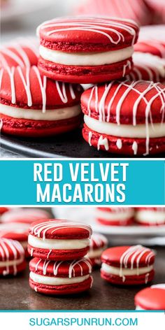 red velvet macarons with white icing on top