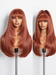 PRICES MAY VARY. 🔥EXPERIENCE STYLE-ARCHIVE: Ingeniously crafted with a blend of Premium Fiber and Remy Human Hair, our straight layered wigs boast a "human-hair-like" touch, paired with the exceptional lasting power of premium fibers. Say goodbye to messy tangles or losing your style throughout the day. Embrace the beauty that stays impeccable from morning to night. 🔥PUT ON & GO: Beginner-friendly. This 22 inch glueless orange ginger brown straight layered wig with bangs requires no expertise