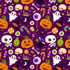 halloween seamless pattern with skulls, pumpkins and other items on purple background illustration